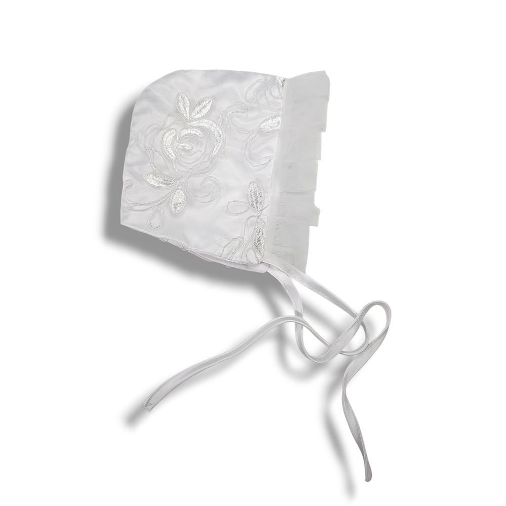 Baby Girls White Floral Embroidered Ruffle Tie Bonnet Baptism OS